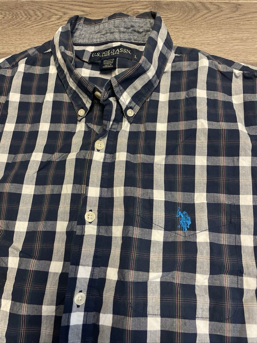 US Polo Assn Plaid Long Sleeve Button Down Shirt Mens Size Large Navy White